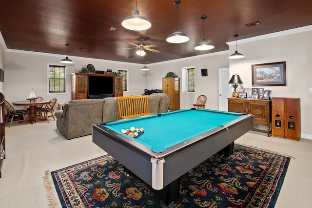 recreation room featuring a ceiling fan, ornamental molding, pool table, and carpet flooring