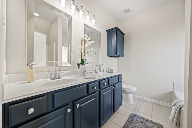 bathroom with a washtub, toilet, tile patterned flooring, and vanity