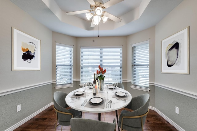 dining room featuring a raised ceiling, ceiling fan, and dark hardwood / wood-style flooring