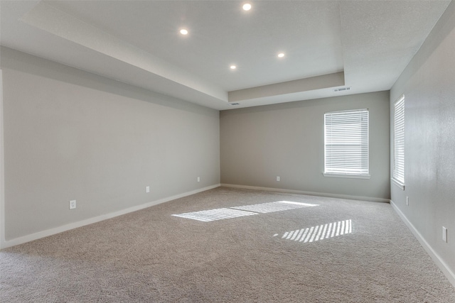 carpeted spare room with a tray ceiling