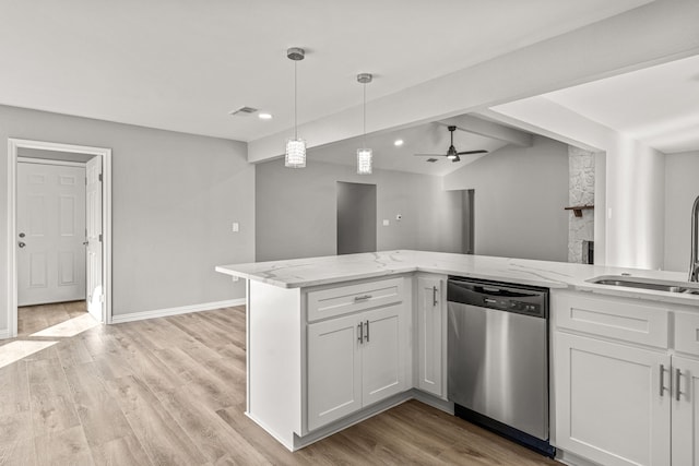 kitchen with ceiling fan, dishwasher, white cabinets, and light stone counters