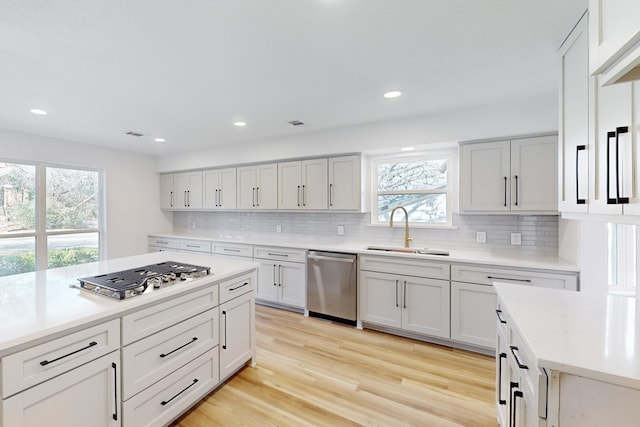 kitchen featuring white cabinets, backsplash, sink, and stainless steel appliances