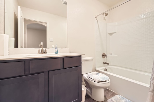 full bathroom with toilet, shower / tub combo, wood-type flooring, and vanity