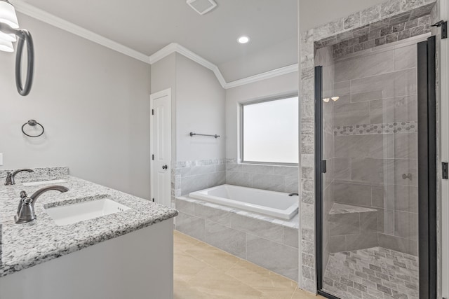 full bath featuring crown molding, visible vents, a stall shower, a bath, and tile patterned floors