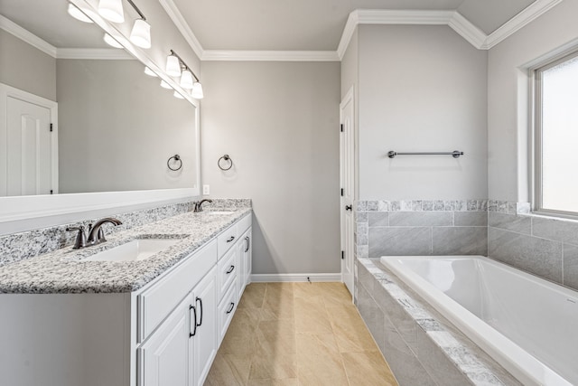 full bathroom with double vanity, a sink, a bath, and crown molding