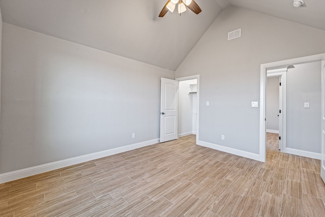 unfurnished bedroom featuring a ceiling fan, light wood-type flooring, visible vents, and baseboards