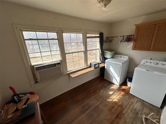 washroom with cabinets, separate washer and dryer, cooling unit, and dark hardwood / wood-style floors