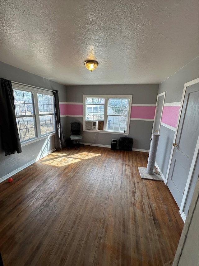 interior space featuring a textured ceiling, a wealth of natural light, and dark hardwood / wood-style flooring