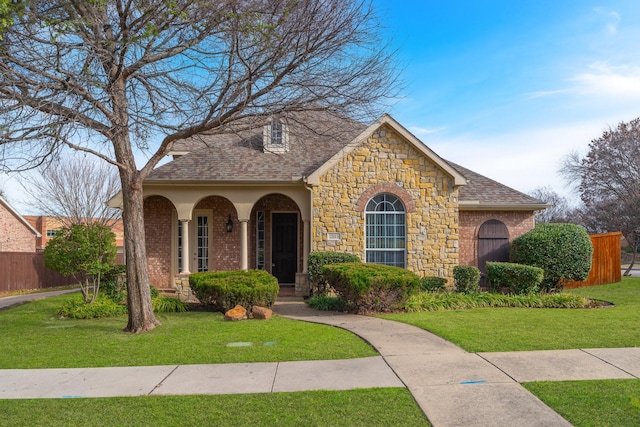 view of front facade with brick siding, roof with shingles, a front lawn, and fence