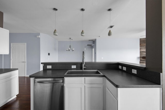 kitchen with decorative light fixtures, dishwasher, sink, white cabinets, and dark hardwood / wood-style flooring