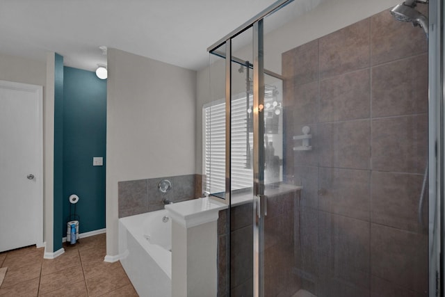 bathroom with plus walk in shower and tile patterned flooring