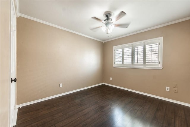 unfurnished room with ceiling fan, dark wood-type flooring, and ornamental molding