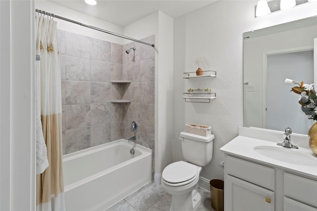 full bathroom with toilet, vanity, tile patterned flooring, and shower / tub combo with curtain