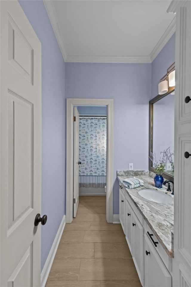 bathroom featuring vanity, crown molding, and hardwood / wood-style floors