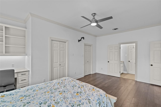 bedroom with ceiling fan, ornamental molding, and dark hardwood / wood-style floors