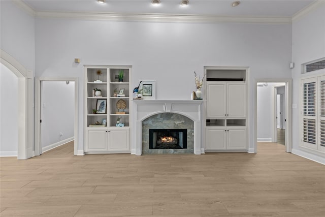 unfurnished living room with crown molding, a fireplace, and light hardwood / wood-style flooring