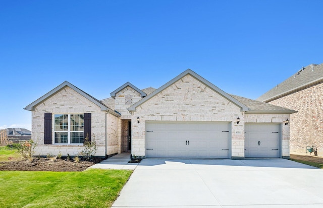 view of front of property with a garage, roof with shingles, concrete driveway, and brick siding