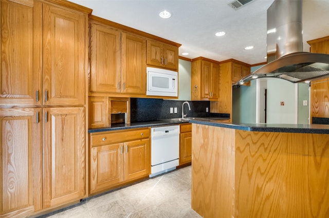 4241 Longmeadow Way, Fort Worth, TX 76133 - kitchen featuring white appliances, island range hood, recessed lighting, backsplash, and brown cabinetry