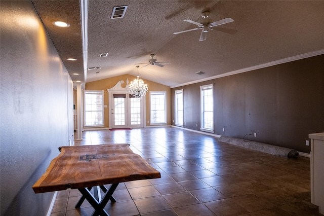 unfurnished room with vaulted ceiling, ceiling fan with notable chandelier, crown molding, and a textured ceiling