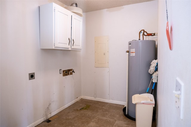 laundry area featuring water heater, hookup for an electric dryer, a textured ceiling, cabinets, and electric panel