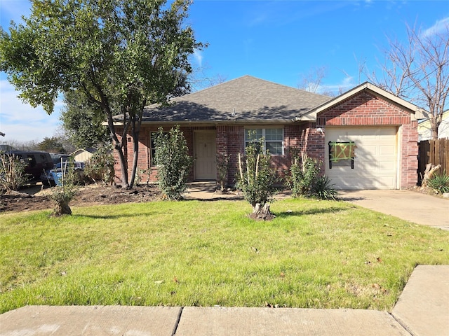 ranch-style home with a front lawn and a garage