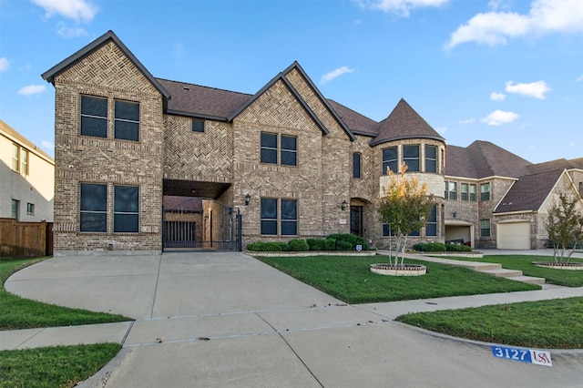 view of front of house with a garage and a front lawn