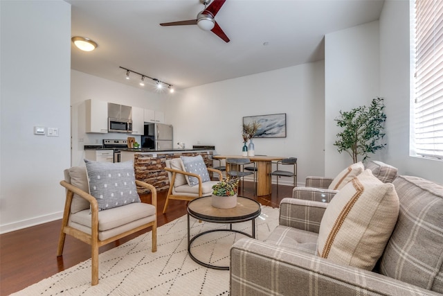 living room with ceiling fan, light wood-type flooring, sink, and rail lighting