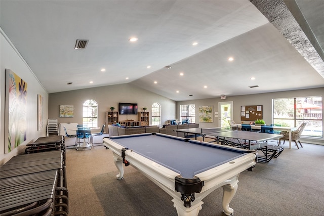 recreation room featuring vaulted ceiling, light carpet, and pool table