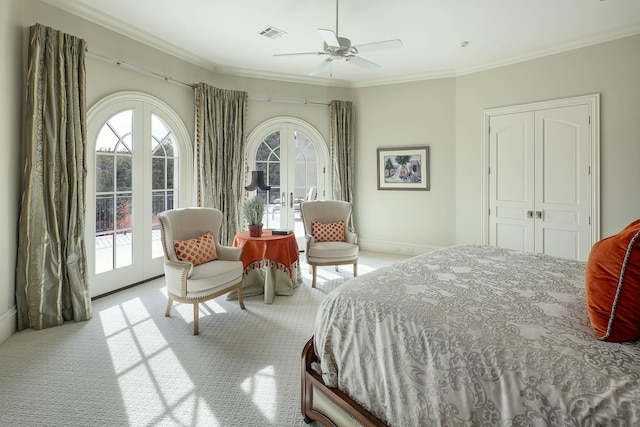 bedroom with light carpet, french doors, access to exterior, a closet, and ceiling fan