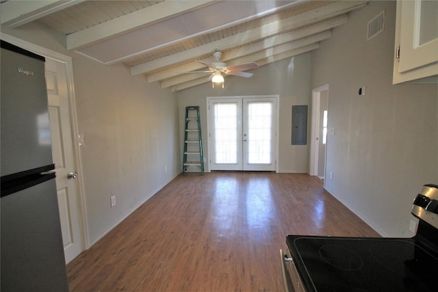 unfurnished living room with ceiling fan, electric panel, light hardwood / wood-style floors, lofted ceiling with beams, and french doors