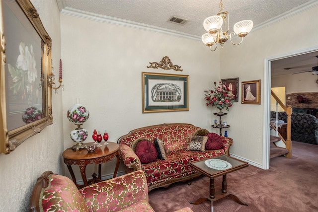 living room featuring crown molding, carpet floors, an inviting chandelier, and a textured ceiling