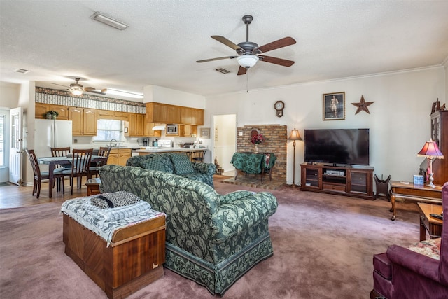 carpeted living room with a textured ceiling, ceiling fan, and sink