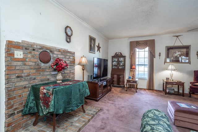 carpeted living room featuring crown molding and a textured ceiling