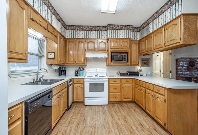 kitchen with dishwasher, white electric range, sink, light hardwood / wood-style flooring, and built in microwave