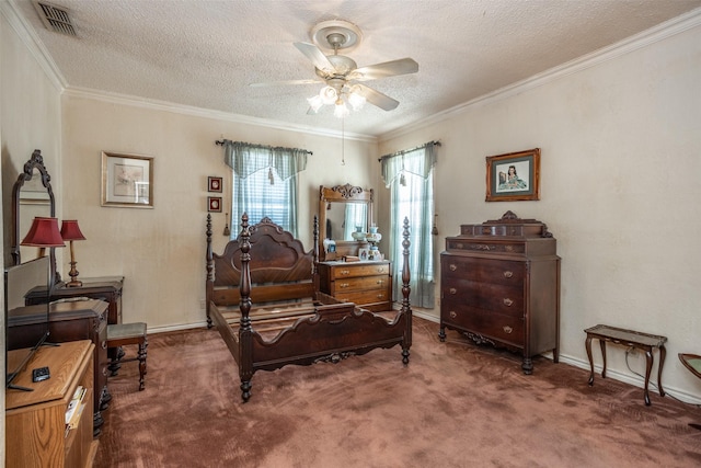 carpeted bedroom featuring a textured ceiling, ceiling fan, and ornamental molding