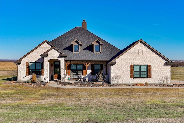 french provincial home with a front yard and a porch