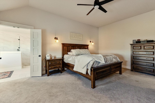 bedroom featuring ceiling fan, lofted ceiling, and carpet flooring