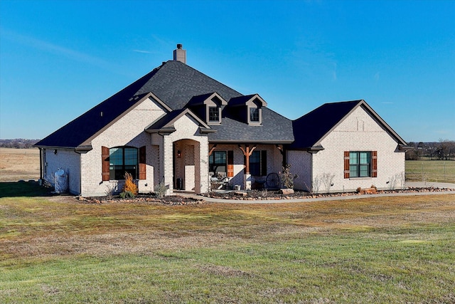 french country home featuring a front yard and covered porch