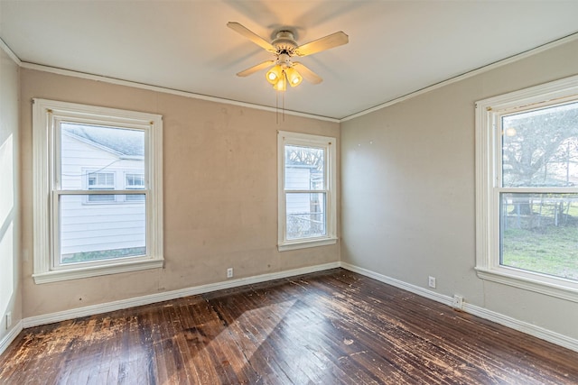 unfurnished room featuring ceiling fan, dark hardwood / wood-style flooring, and plenty of natural light