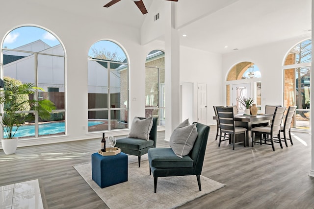 living room with ceiling fan, wood-type flooring, and a wealth of natural light