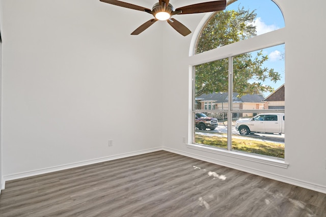 spare room featuring ceiling fan, a healthy amount of sunlight, and wood-type flooring