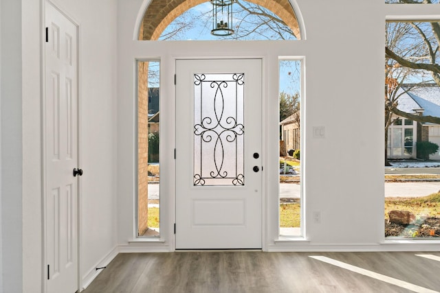 foyer entrance with hardwood / wood-style flooring