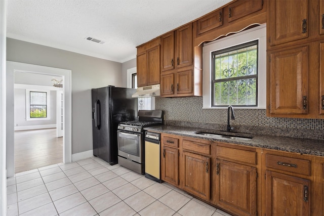 kitchen featuring sink, light tile patterned floors, plenty of natural light, and stainless steel range with gas stovetop