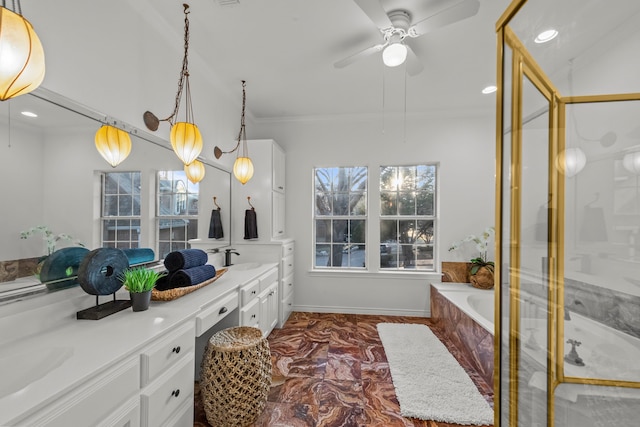 bathroom with a wealth of natural light, vanity, separate shower and tub, ceiling fan, and crown molding