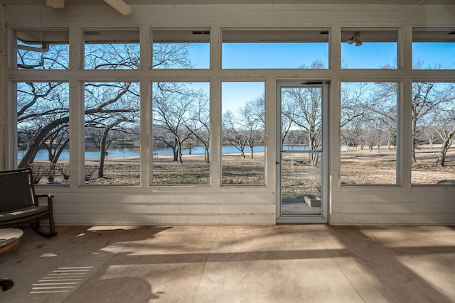 doorway to outside with a water view, a healthy amount of sunlight, and wood-type flooring