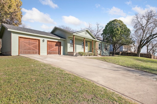 ranch-style house with a garage, a front lawn, and a porch