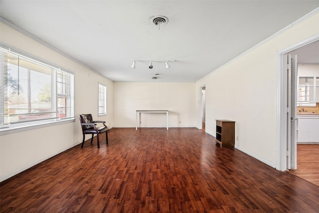 interior space with sink, crown molding, dark hardwood / wood-style floors, and track lighting