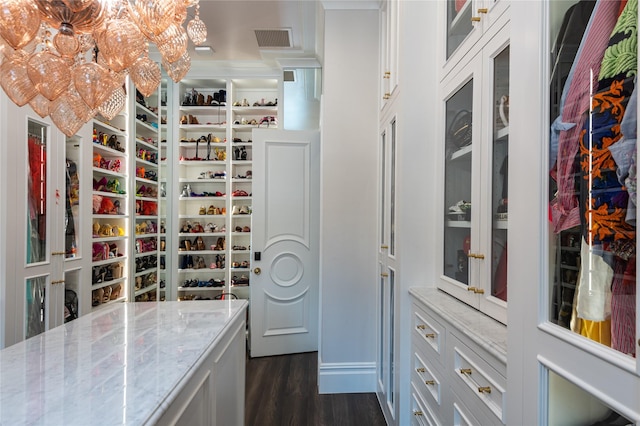 walk in closet with dark hardwood / wood-style flooring