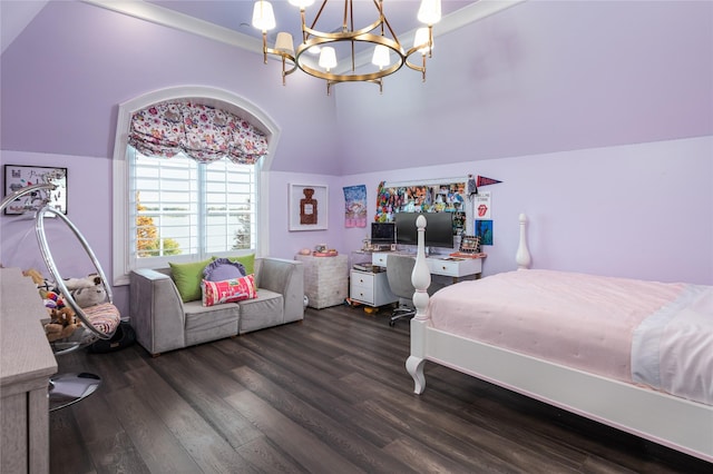 bedroom with lofted ceiling, a chandelier, crown molding, and dark hardwood / wood-style flooring