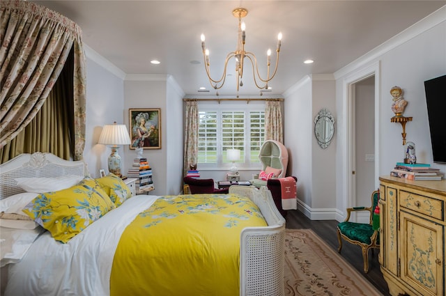 bedroom with dark wood-type flooring, crown molding, and a chandelier